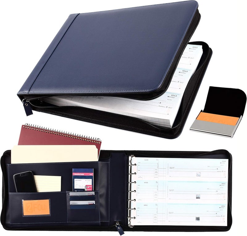 2Fold Zippered Business Checkbook Binder - 7 Ring Binder for Business Checks with Built-in Organizer and Card Case - PU Leather Portfolio for up to 600 3-Up Checks (Blue) - Image 1